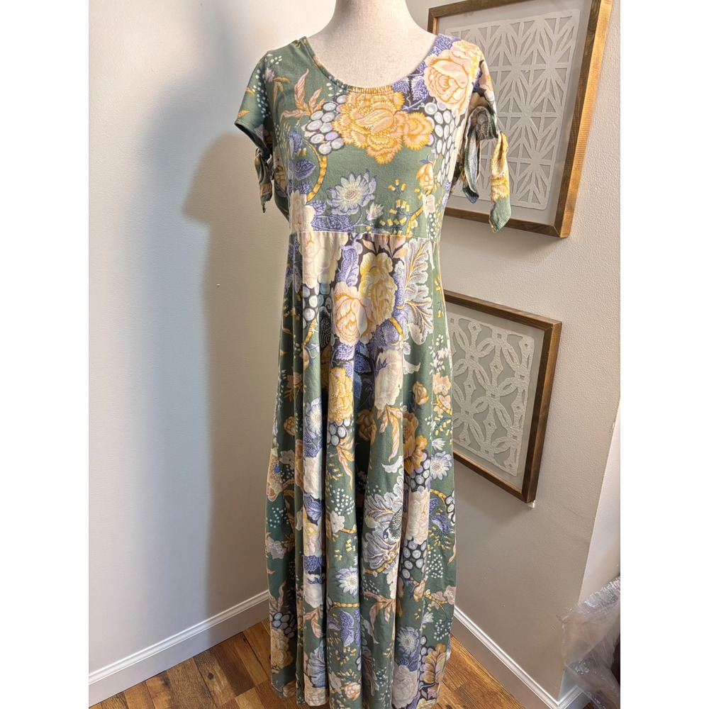 Chaps Maxi Dress Womens Large 100% Cotton Green Floral Tie Sleeve Boho Cottage - Picture 2 of 9